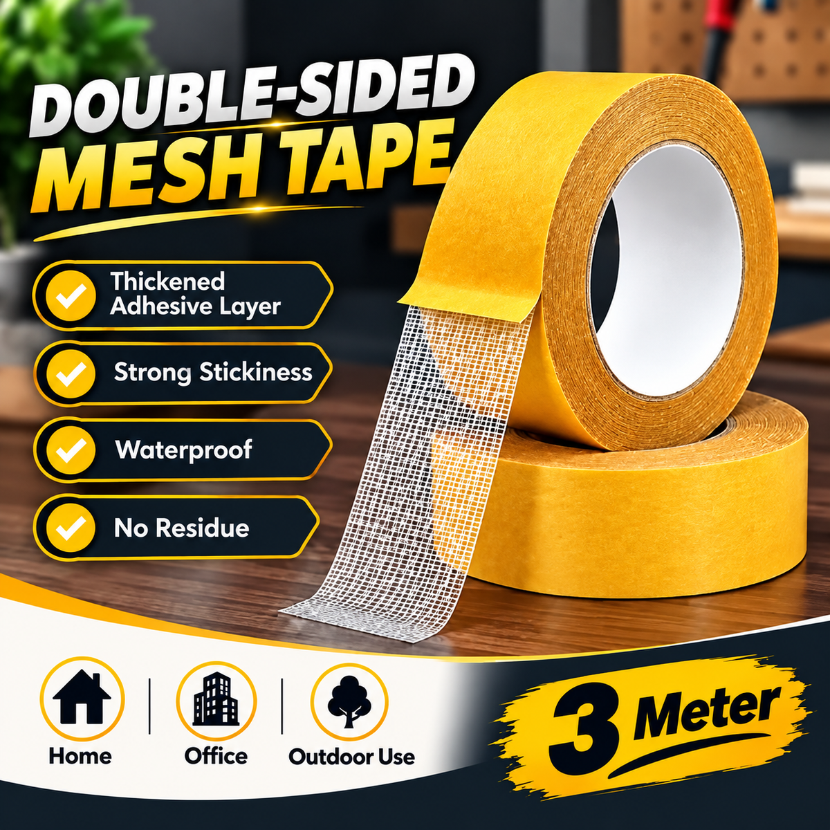 Heavy-Duty Double-Sided Mesh Tape - 3 Meter