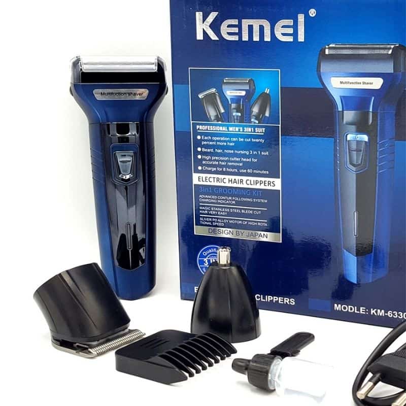 Kemei KM-6330 3-in-1 Rechargeable Hair Trimmer, Electric Shaver & Nose Clipper Grooming Kit
