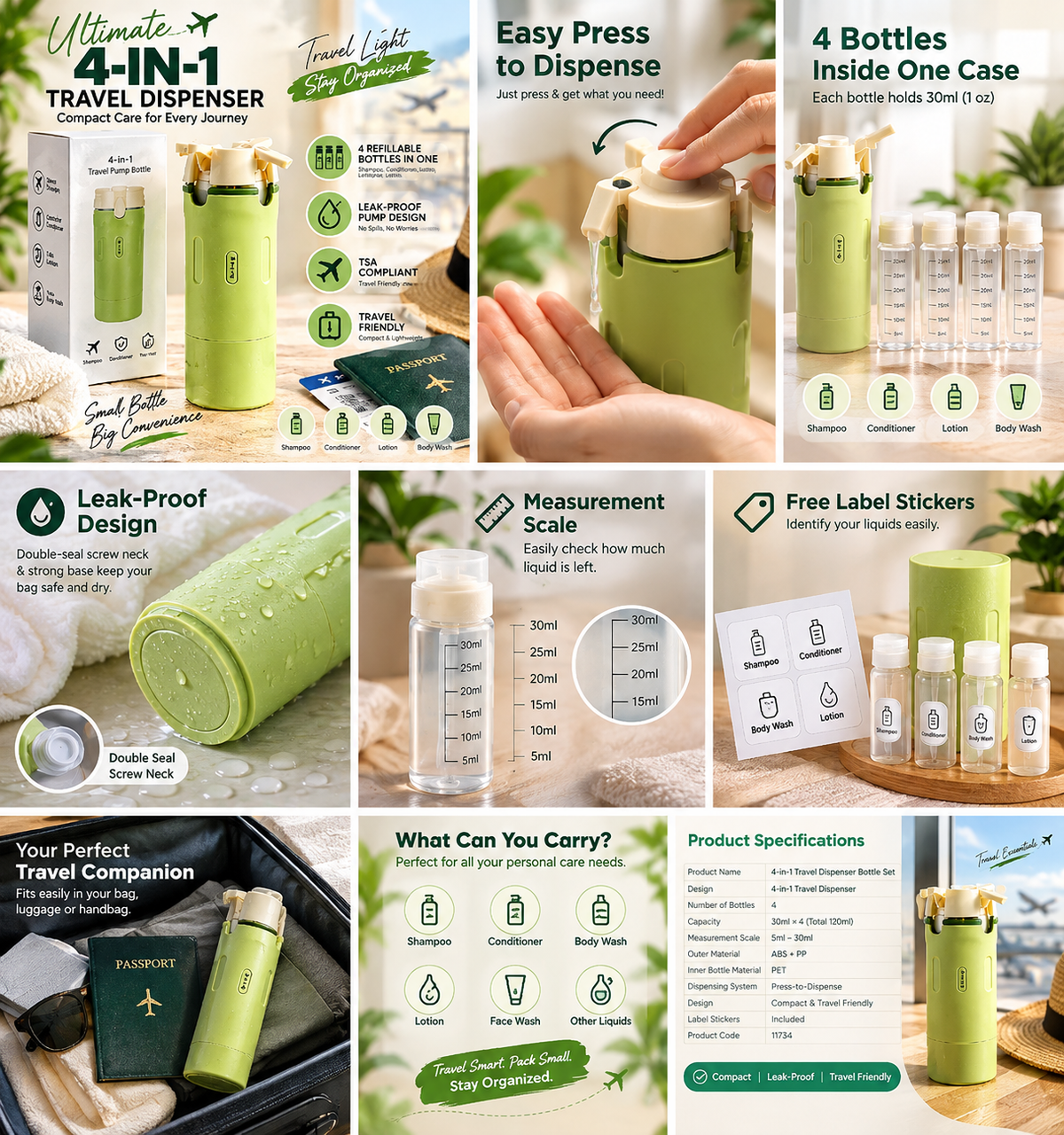 4-in-1 Travel Dispenser Bottle Set