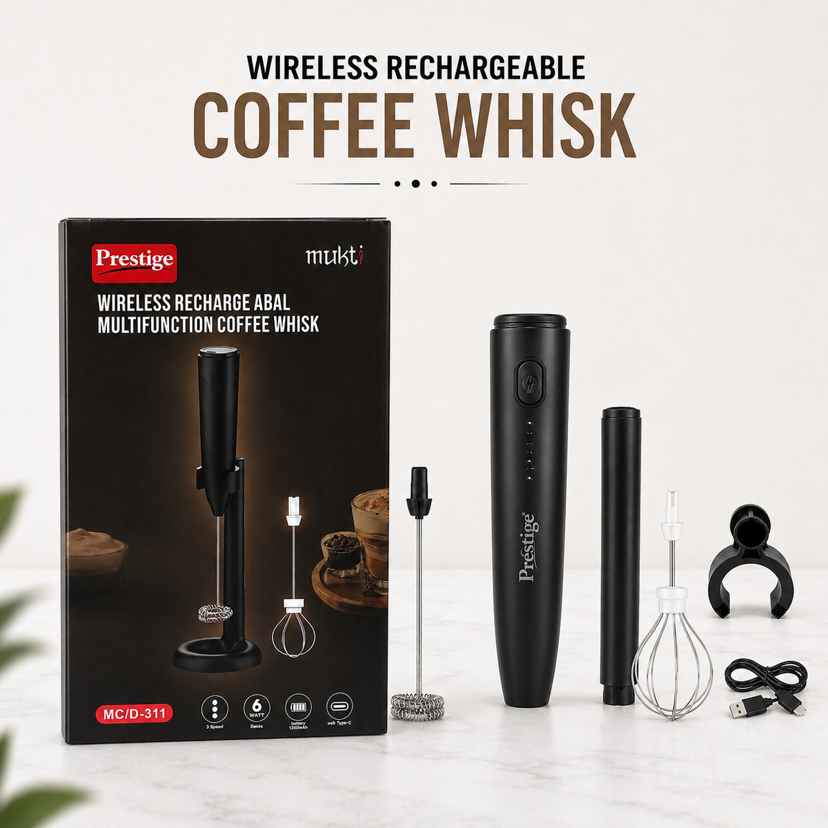 Prestige Mukt 2-in-1 Rechargeable Coffee Foamer & Milk Frother
