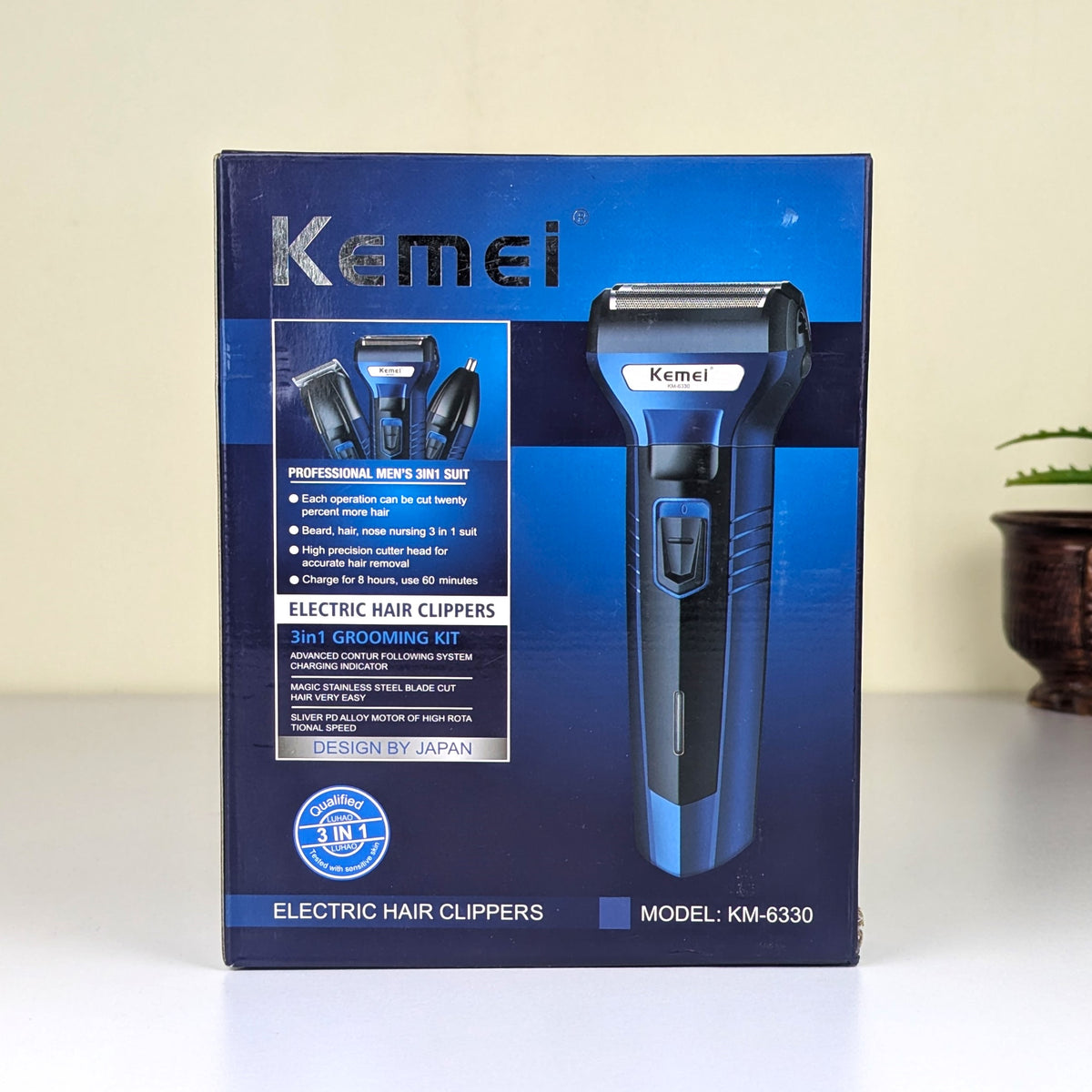 Kemei KM-6330 3-in-1 Rechargeable Hair Trimmer, Electric Shaver & Nose Clipper Grooming Kit