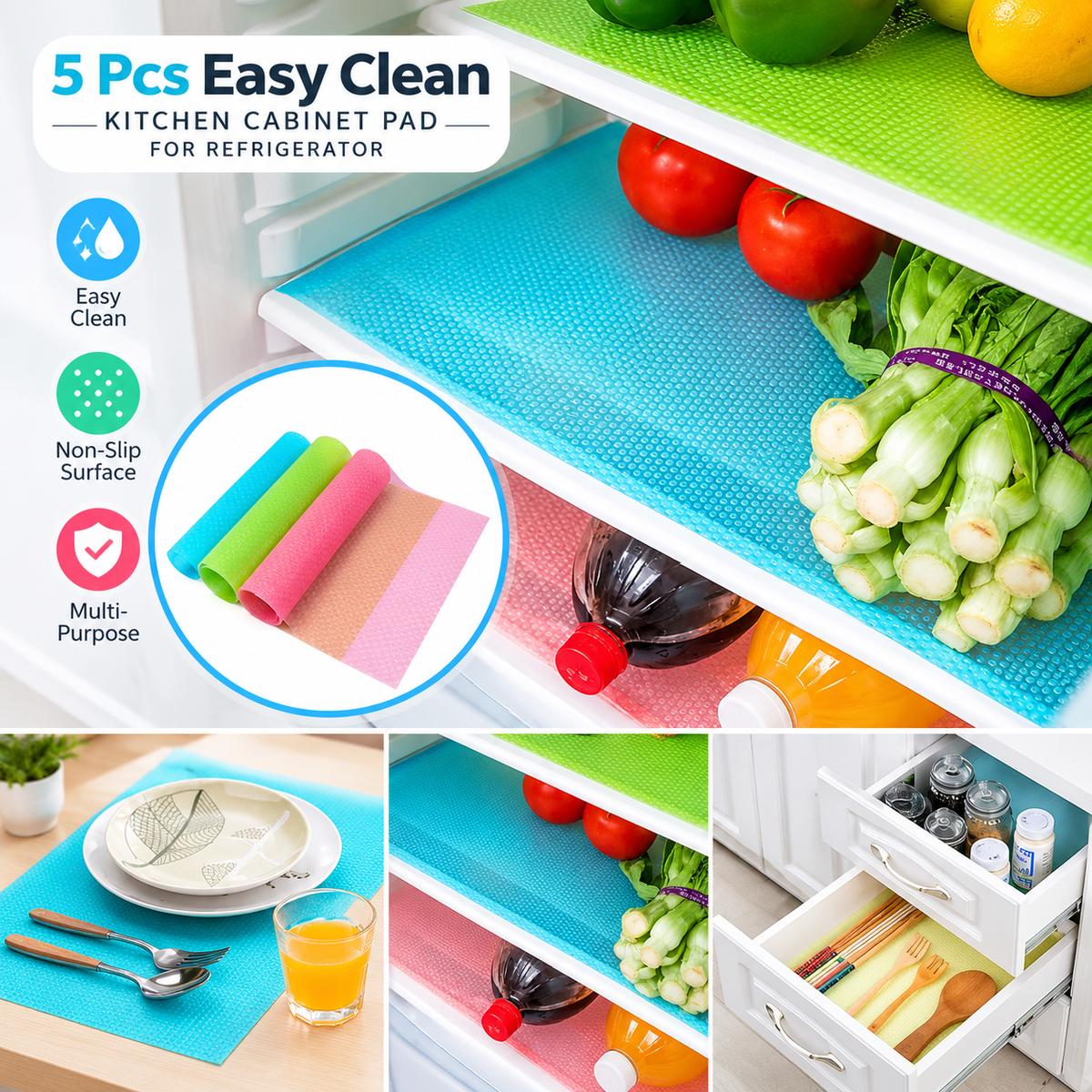 5 Pcs Easy Clean Refrigerator & Kitchen Cabinet Mat – Anti-Slip Waterproof Drawer & Shelf Liner